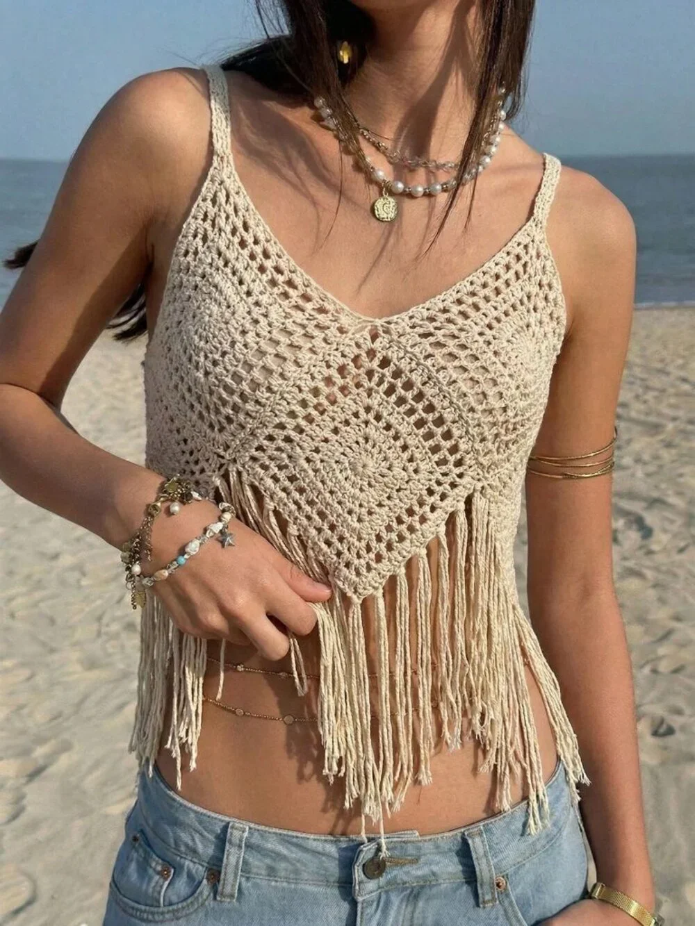 Apricot Casual Knit Women's Hollow crochet Fringe top